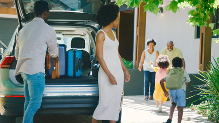 Grandparents Greeting Grandchildren As Family Unpack Car On Family Holidayの写真素材