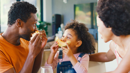 Family Shot With Parents And Daughter At Home Playing Game Making Face With Melon At Breakfast