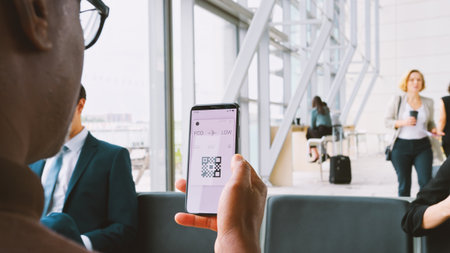 Male Passenger In Airport Departure Lounge Looking At Digital Boarding Pass On Smart Phoneの写真素材