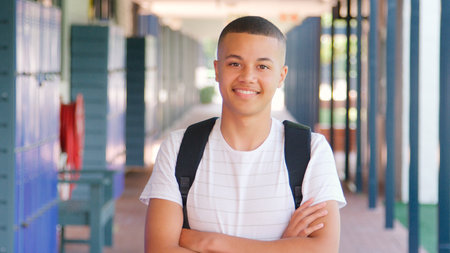 Portrait Of Smiling Male High School Student Standing Outside College Buildingの写真素材