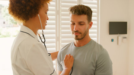 Female Nurse Wearing Uniform Listening To Male Patient's Chest In Private Hospital Room