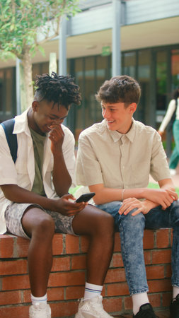 Two Male High School Or Secondary Students Looking At Social Media On Phone Sitting Outdoors