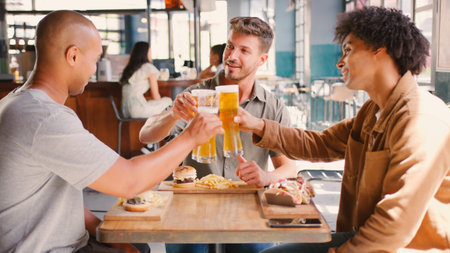 Group Of Male Friends Meeting Up In Bar Doing Cheers With Beer Before Meal