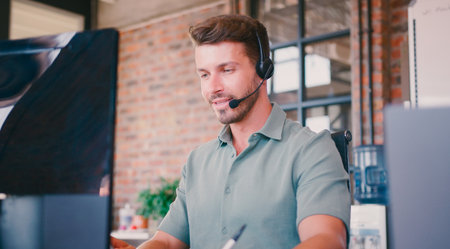 Businessman Working At Computer Wearing Headset In Customer Support Centre