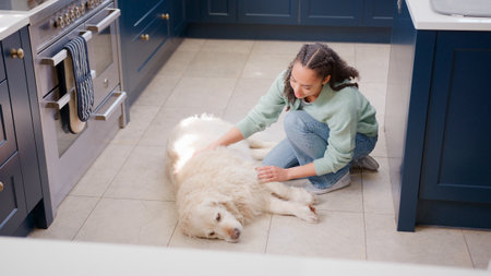 Teenage Girl At Home In Kitchen Stroking Pet Golden Retriever Dog Lying On Floor