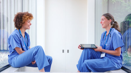 Two Female Doctors Wearing Scrubs With Digital Tablet On Break In Hospital Talking Together