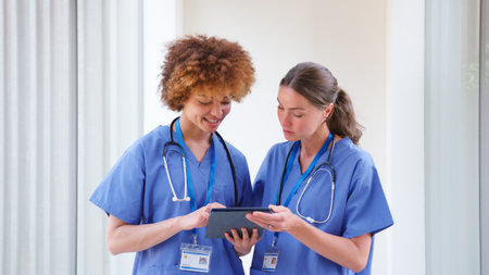 Two Female Doctors Wearing Scrubs With Digital Tablet Discussing Patient Notes In Hospitalの写真素材
