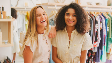 Portrait Of Two Female Sales Assistants Working In Clothing And Gift Storeの写真素材