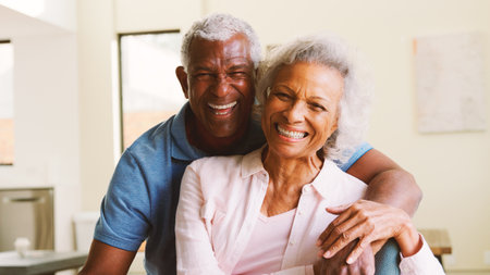 Portrait Of Loving Senior Couple Sitting On Sofa At Home Togetherの写真素材