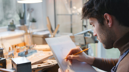Male Jeweller At Workbench Sketching Out Design For Ring In Studioの写真素材