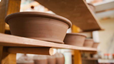 Group Of Handmade Clay Bowls On Shelves Of Ceramics Studioの写真素材