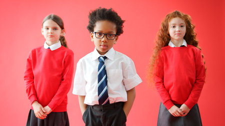 Group Of Elementary School Pupils Wearing Uniform Folding Arms Against Red Studio Backgroundの写真素材
