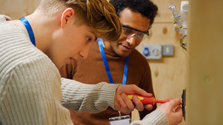 Male Tutor With Trainee Electricians In Workshop Studying For Apprenticeship At Collegeの写真素材