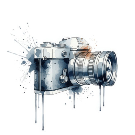 A dynamic watercolor rendering of a camera, featuring a splash and drip effect. This artistic portrayal of photographic equipment offers a creative and modern visual element. A dynamic watercolor rendering of a camera, featuring a splash and drip effect. This artistic portrayal of photographic equipment offers a creative and modern visual element.の素材