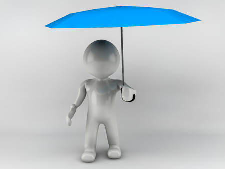 3D man standing with an blue umbrellaの写真素材