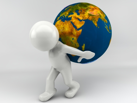3d man holding earth globe on his shouldersの写真素材