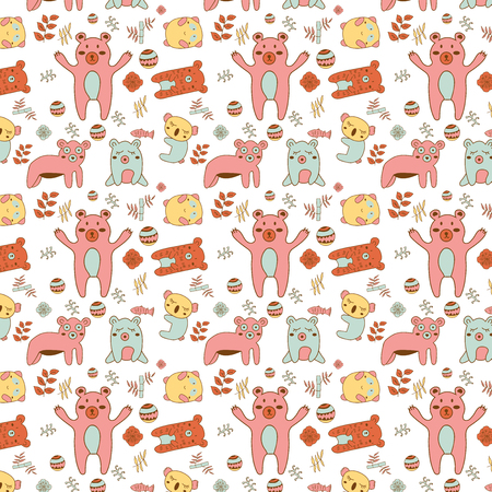 Stunning seamless pattern with bear,fish,ball,flowers and leafsのイラスト素材