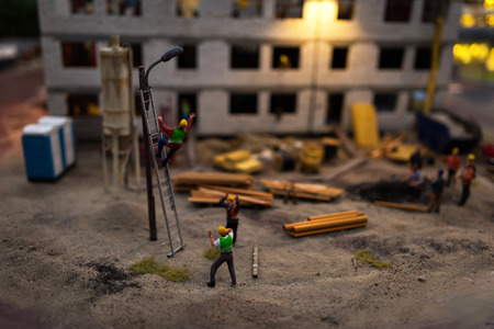 Close up of Miniature world, Construction site at nightの写真素材