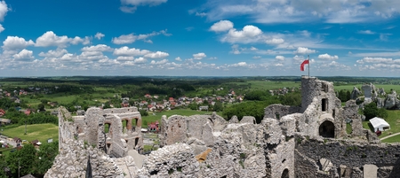 Panoramic photography of the Ogrodzieniec Castle ruins from the tower at sunny summer day, Poland May 2017.の写真素材