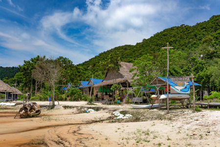 Tropical landscape of Koh Rong Samloem island with Blue dolphin Resort with the mountain in the background. Saracen bay, Koh Rong Samloem, Cambodia, 8 September 2017のeditorial素材