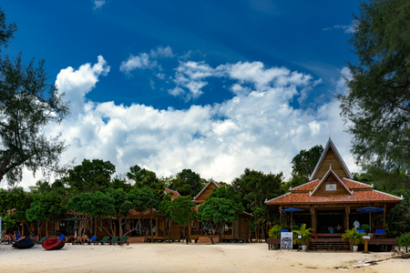 Beautiful tropical beach of the Koh Rong Samloem island with luxury Sol Beach Resort opened for new season. Tourist enjoying the sunny day. Nice weather. Front of the resort. 08 September 2017, Cambodia. Asia.のeditorial素材