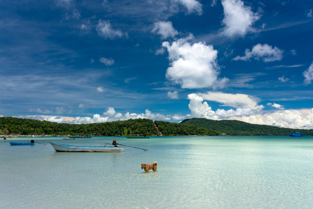 Tropical beach with turquoise water, blue sky and white sand. Saracen Bay, Koh Rong Samloem. Cambodia, Asia.の写真素材