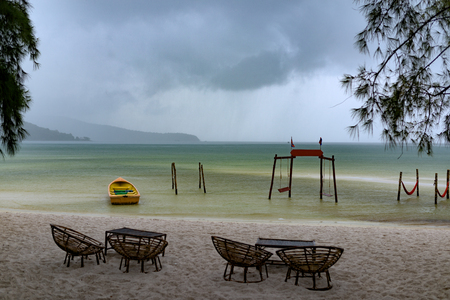 Rainy season at Koh Rong Samloem Island. Dark clouds gathering at the horizon. Saracen Bay, Cambodia.の写真素材