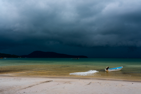 Rainy season at Koh Rong Samloem Island. Dark clouds gathering at the horizon. Saracen Bay, Cambodia.の写真素材