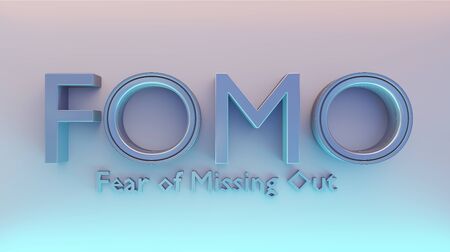 Blue lighted Fomo word as 3D text or logo concept placed on a white surface. 3D rendering - Ilustration. Fomo word mean fear of missing out something. One of the most popular word popular among stock brokers of cryptocurrencies, securities and currencies.の写真素材