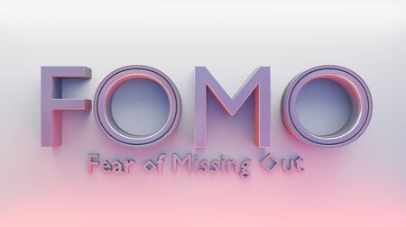 Red lighted Fomo word as 3D text or logo concept placed on a white surface. 3D rendering - Ilustration. Fomo word mean fear of missing out something. One of the most popular word popular among stock brokers of cryptocurrencies, securities and currencies.の写真素材