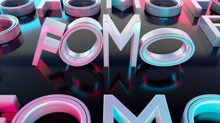 Fomo word as 3D text or logo concept placed on a black polished surfaceの写真素材