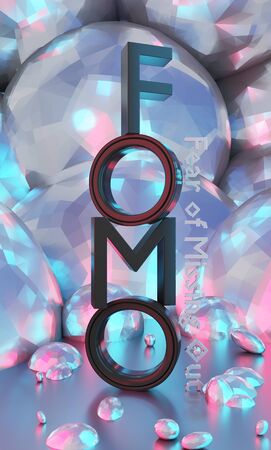 Fomo word as 3D text or logo concept placed with white octagon wall in the background. 3D rendering - Ilustration. Fomo word mean fear of missing out something. One of the most popular word popular among stock brokers of cryptocurrencies, securities and currencies.の写真素材