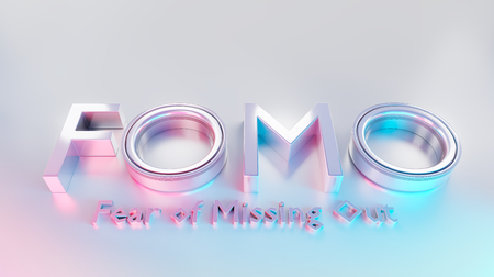 Fomo word as 3D text or logo concept placed on a white polished surface. 3D rendering - Ilustration. Fomo Lyrics fear of missing out.の写真素材
