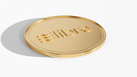 Concept of golden Libra coin with logo on front. New project of digital crypto currency payment. 3D render Coin placed on a white background.の写真素材