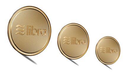 Concept of golden Libra coins with logo on front. New project of digital crypto currency payment. 3D render Coin placed on a white background.の写真素材