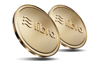 Concept of golden Libra coin with logo on front. New project of digital crypto currency payment. 3D render Coin placed on a white background.の写真素材