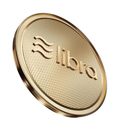 Concept of golden Libra coin with logo on front. New project of digital crypto currency payment. 3D render Coin placed on a white background.の写真素材