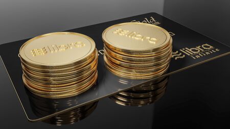 View of Libra black credit card GOLD and golden Libra coins placed on a black background. Project Libra conceptual design. 3D renderの写真素材