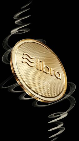 Concept of golden Libra coin with logo on front. New project of digital crypto currency payment. 3D render Coin placed on a black background.の写真素材