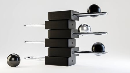 Illustration of black small steel padlocks with metal balls on it. 3D render model.の写真素材
