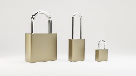 Illustration of simple steel padlocks in diferent shapes and sizes. 3D render model.の写真素材