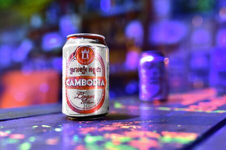 One of the most popular Cambodian beer in Cambodia - can of Cambodia beer standing on the bar table...