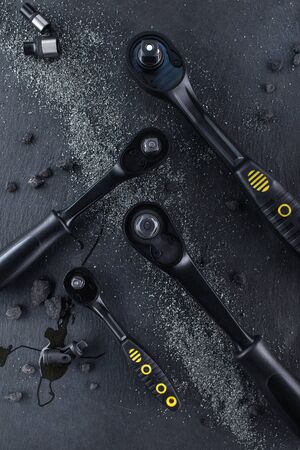 Professional ratchet tools placed on a black background, Wrench Tool for the work in the workshop.の写真素材