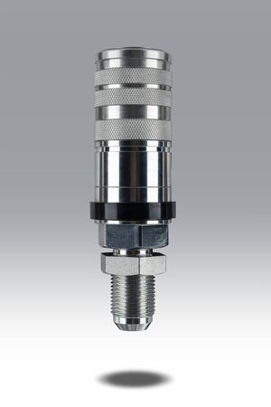 Euro standard Hydraulic quick coupler best for quick connect fitting coupling. Made of stainless steel for join hose oil, water and air. Isolated on gray background with shadow.の写真素材