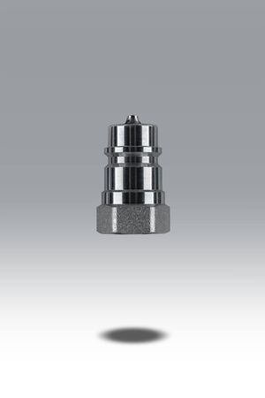 Group of Euro standard Hydraulic quick couplers for quick connect fitting coupling. Made for join hose oil, water and air. Made of stainless steel. Isolated on gray background.の写真素材