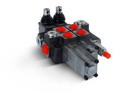 Two section Hydraulic distributor of the tractor on isolated white background with shadowの写真素材