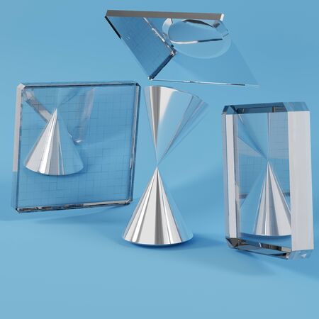 3d render of abstract composition with steel cone in the center, placed on a blue pastel background.の写真素材