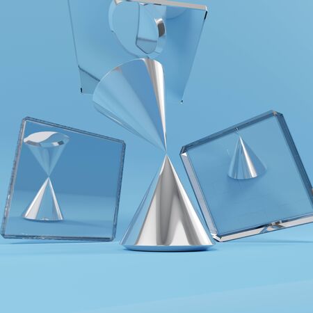 3d render of abstract composition with steel cone in the center, placed on a blue pastel background.の写真素材