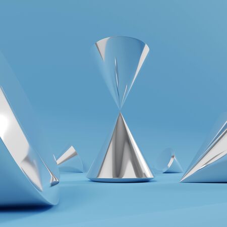 3d render of abstract composition with steel cone in the center, placed on a blue pastel background.
