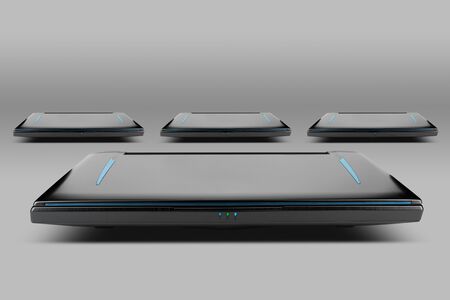 Photography of gaming laptop from the front view, placed on gray background. Laptop designed for gamers or professional players or 3d renderingの写真素材